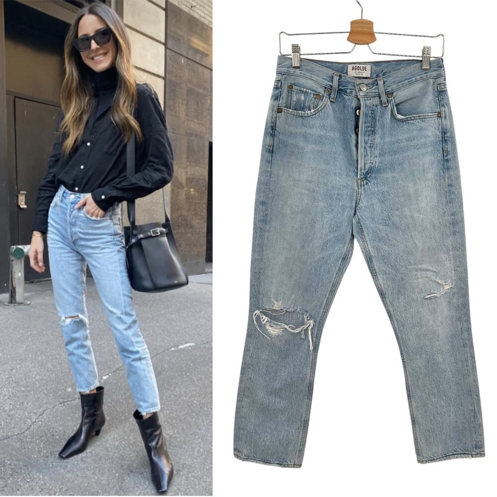 Agolde Riley High Rise Straight Crop Jeans Denim Shatter Wash Blue Size 27